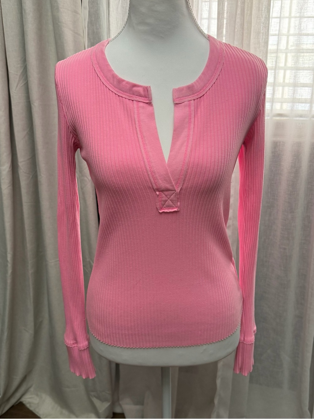 Aerie Pink Ribbed Notch-Neck Long Sleeve Top XS
